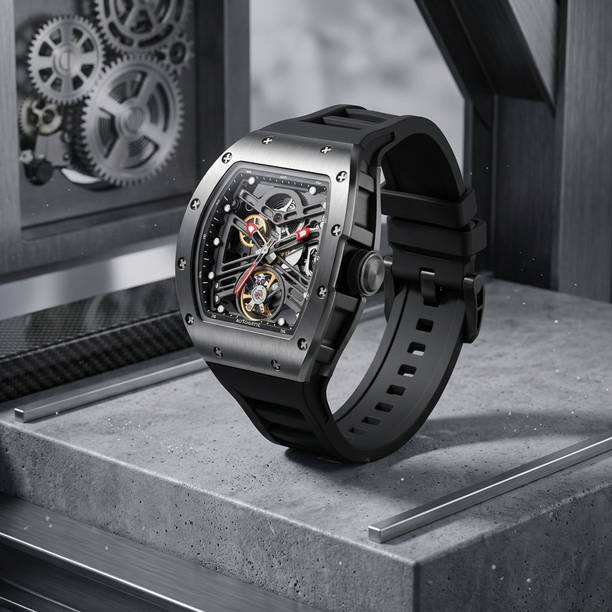 Full Black dial and soft silicone strap Analog Watch  - For Men 2933 Automatic Tonneau Face