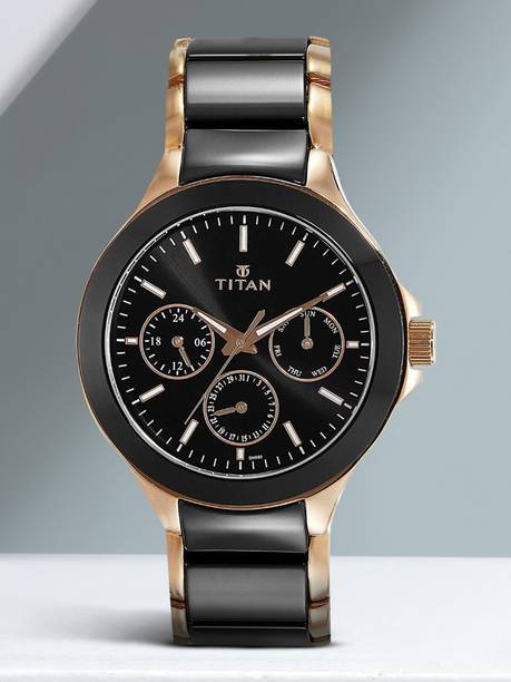 Titan Multifunction Black Dial RoseGold & Black Ceramic Strap Analog Watch - For Men NT90089KD02,NU90089KD02