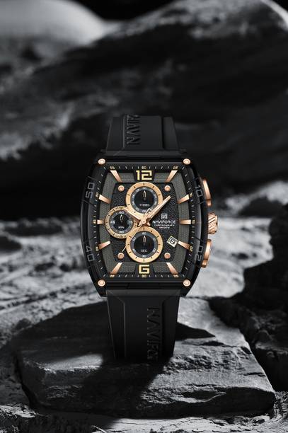 Luxurious Rose-Gold And Grey-Textured Dial With High-Performance Chronograph Analog Watch - For Men 6101 Striking Rectangular Case With Silicone Black Strap