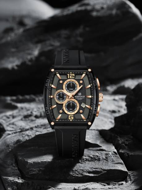 Luxurious Rose-Gold And Grey-Textured Dial With High-Performance Chronograph Analog Watch - For Men 6101 Striking Rectangular Case With Silicone Black Strap