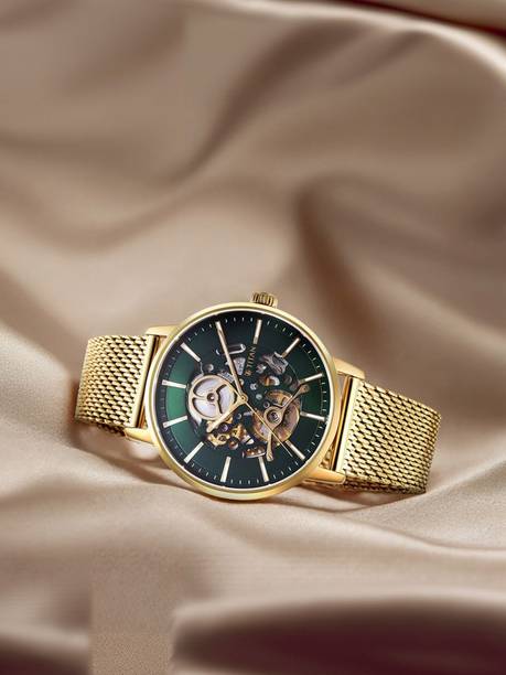 Titan Mechanical Slimline Automatic Green Dial Gold SS Strap Analog Watch - For Men NT90159YM01,NU90159YM01