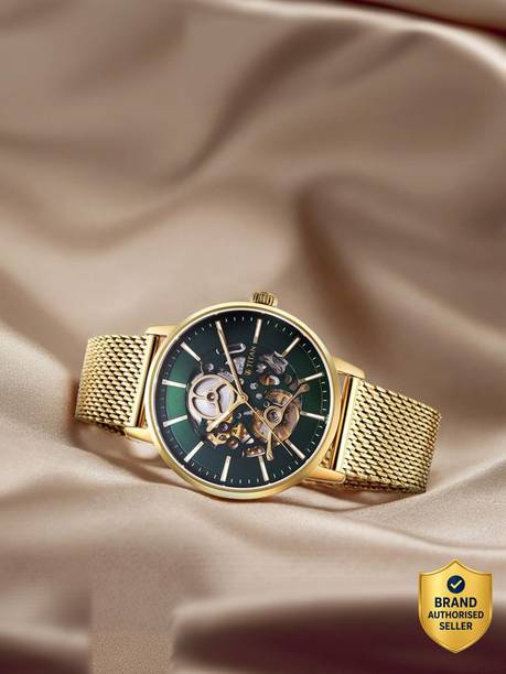 Titan Mechanical Slimline Automatic Green Dial Gold SS Strap Analog Watch - For Men NT90159YM01,NU90159YM01