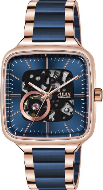 Alix AL2914 Stainless Steel Rose Gold and Blue Two Tone Strap skeleton dial Analog Watch  - For Men