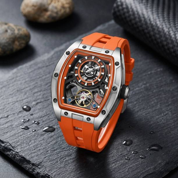 Elegant Orange Dial With Japaneez mechanical skeleton tourbillon Movement Analog Watch  - For Men AL2921 Tonneau Display