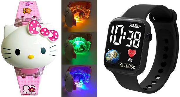 Elhify Hello Kitty and LED Black Watch Special Gift For Kids Gift For Kids Cute Cat Glowing Light and Disco Music Digital Watch for Kids Digital Watch  - For Boys & Girls