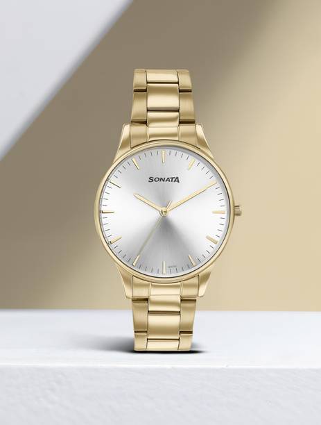 Sonata Silver Dial Gold Stainless Steel Strap Analog Watch - For Men 77144YM02,NU77144YM02