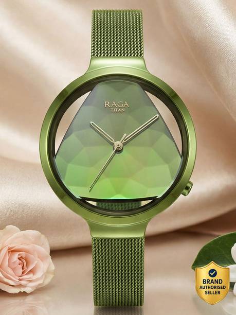 Titan Raga Green Dial Metallic Green Stainless Steel Strap Analog Watch - For Women NT95095WM01F,FV60054WM01W,95095WM01,NU95095WM01F,NU95134QM01
