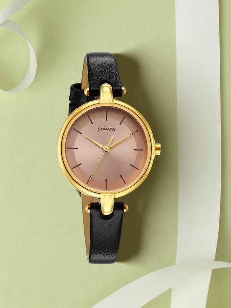 Sonata Gold Edit Peach Dial Black Leather Strap Analog Watch - For Women NR87043YL01W