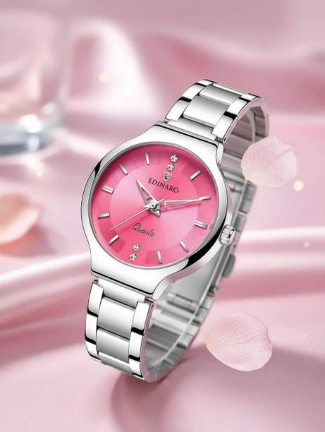 Women Watch Round Pink Dial Metal Silver Bracelet Chain Strap Grils Analog Watch  - For Women ED-2043W