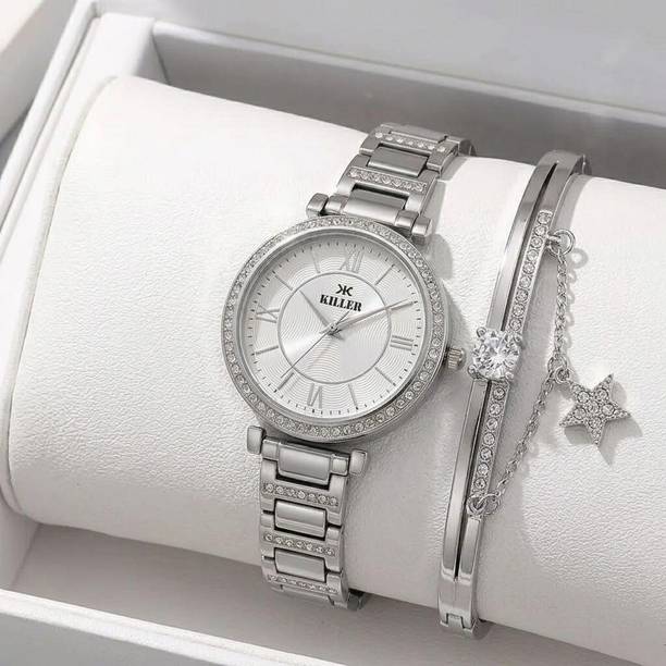 KILLER Silver-Toned Stone-Studded Analog Watch with Matching Star Charm Analog Watch - For Women Watch With Bracelet Set for Women & Girls
