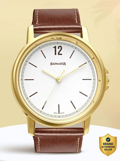 Sonata Quartz White Dial Brown Leather Strap Analog Watch - For Men NT77083SM06,77083SM06,NU77083SM06,NU77083YL02W