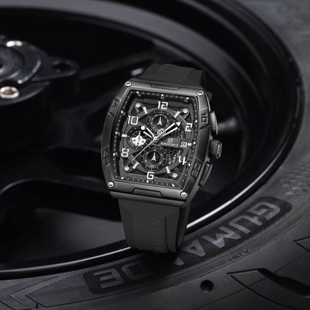 Black Luminous Hollow Dial with three chrongraph function Analog Watch - For Men NF8052 Barrel-shaped silicone strap timepeice