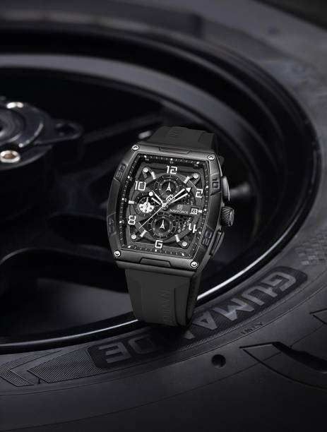 Black Luminous Hollow Dial with three chrongraph function Analog Watch - For Men NF8052 Barrel-shaped silicone strap timepeice