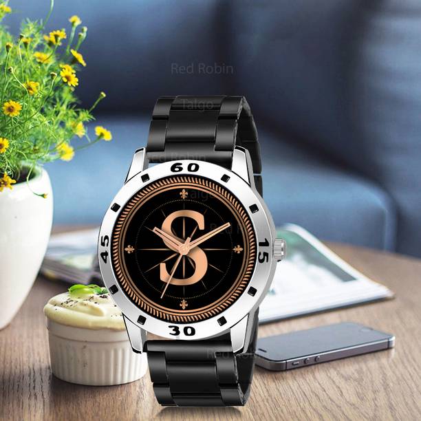 Gadgets World ALPHA-S-AVO-SIL-CDBLK Fancy Design Stylish ALPHABET S Dial Black Leather Strap Men Wrist Watch Analog Watch  - For Boys