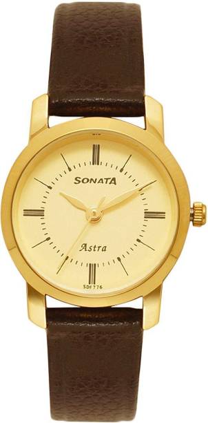 Sonata Champagne Dial Brown Leather Strap Analog Watch - For Women NT87018YL01W