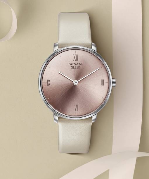 Sonata Sleek Peach Dial Beige Leather Strap Analog Watch - For Women 8191SL01,NU8191SL01