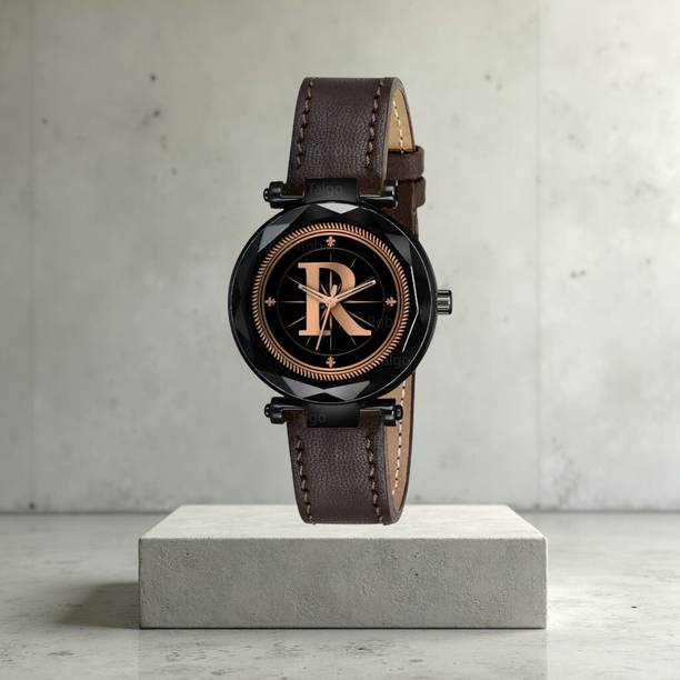 Atix ALPHA-R-GEN-BK-BRW-CUTL-AT Fancy Design Stylish ALPHABET R Dial Brown Leather Strap Women Wrist Watch Analog Watch  - For Girls