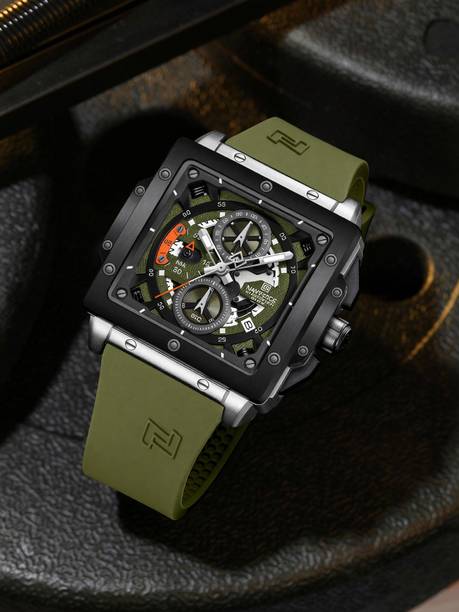 Elegant Square Silver& Green accents chronograph dial with Green Silicon strap Analog Watch - For Men NF8064 Unique Craftmanship