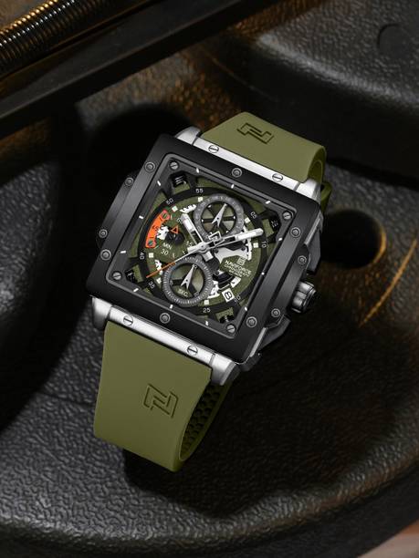 Elegant Square Silver& Green accents chronograph dial with Green Silicon strap Analog Watch - For Men NF8064 Unique Craftmanship