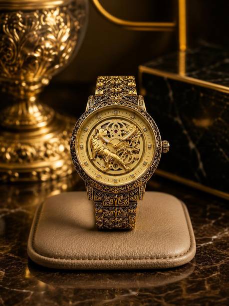 ARMS CLOCK Luxury Lion Curved Golden Dial and Chain Men Wrist Watch Analog Analog Watch - For Men Royal Kings - Gold