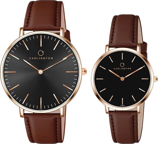 Carlington iconic Series Premium Couple Wrist Watch Analog Watch - For Men & Women 2043 Brown + 2044 Brown