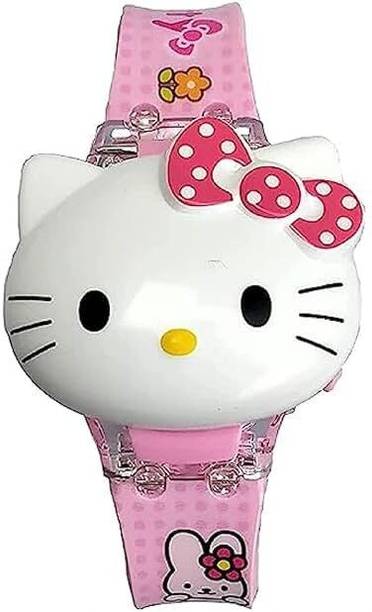 Elhify Hello Kitty Watch Special Gift For Kids Gift For Kids Cute Cat Glowing Light and Disco Music Digital Watch for Kids Digital Watch  - For Girls