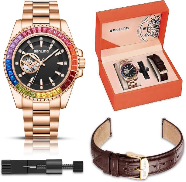 Skeleton Dial | With Leather Strap & Stainless Steel Chain Analog Watch  - For Men Prism Royale – Rainbow Bezel Automatic Watch with Open Heart Dial