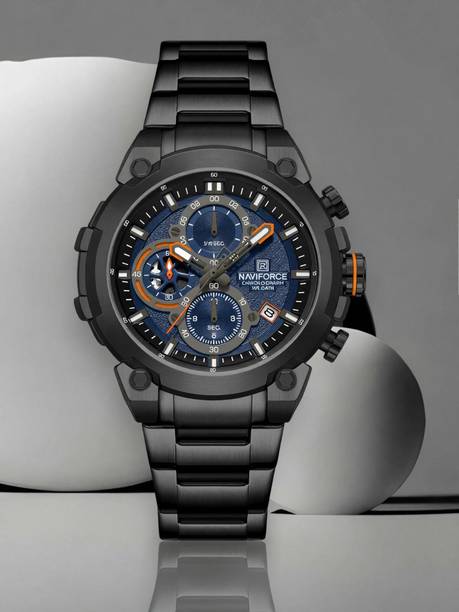 Blue choronograph dial with date window and black stainless steel Analog Watch - For Men NF8071 Rugged Watch with Date and Stopwatch Features