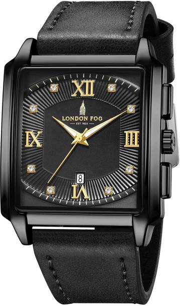 Mayfair Collection Black Dial Leather Strap Square Crystal Hour Quartz Movement Analog Watch - For Men LFM10004-02