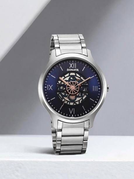Sonata Unveil Blue Dial Silver Stainless Steel Strap Analog Watch - For Men 7140SM04