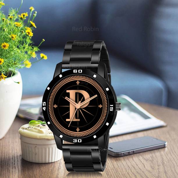 Red Robin ALPHA-P-AVO-BLK-CDBLK Fancy Design Stylish ALPHABET P Dial Black Leather Strap Men Wrist Watch Analog Watch  - For Boys