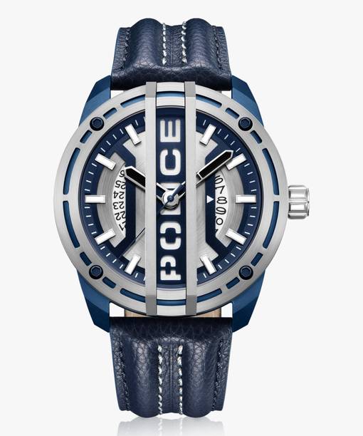 Police With Date Silver Dial Blue Leather Strap Analog Watch - For Men PLPEWGB0039841,NTPLPEWGB0039841