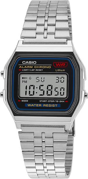 Vintage Black Dial Silver Stainless Steel Band Digital Watch  - For Men & Women D339 ( A159W-N1DF)