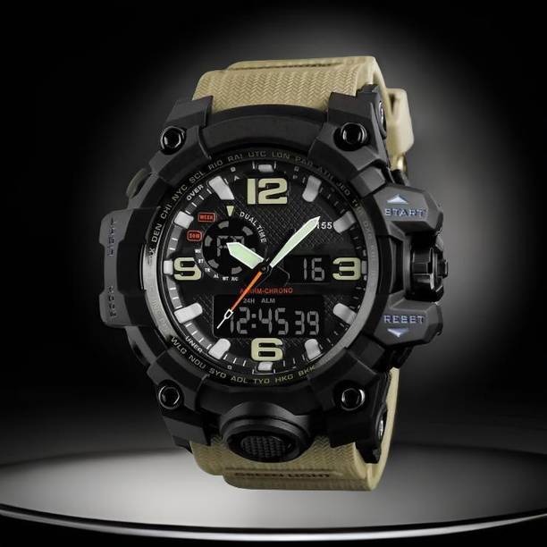 Two Time Zones Analog-Digital Watch  - For Men Silicone Straps Army Grade
