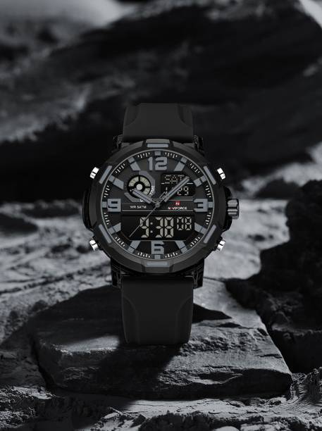 Black Silicon Strap With Grey Date Display Dial Analog-Digital Watch - For Men NF7130 Sporty Dual Display