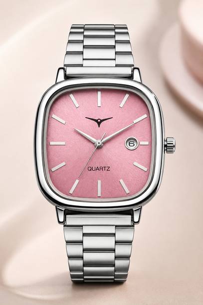 Trendy Pink Dial Rectangle Watch for Girls & Women | Date Display Analog Watch  - For Men & Women NSM-26-PINK