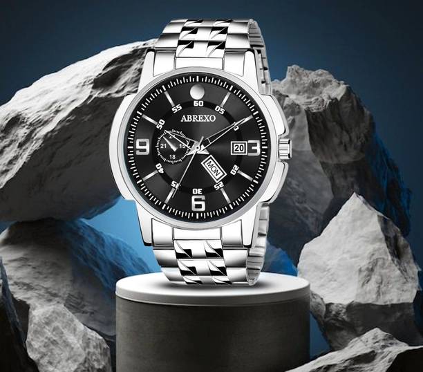 ABREXO Abx2626-Black Silver Day & Date Watch MODO Black Dial Day and Date Functioning Chain Adult Quartz Boys Analog Watch  - For Men