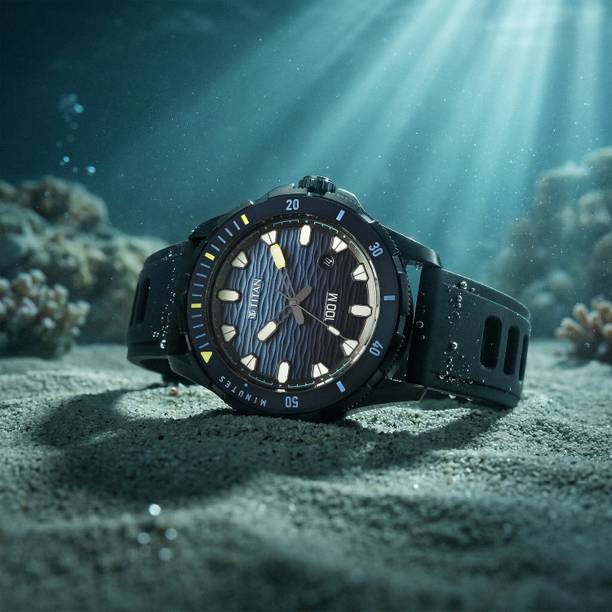 Titan Zero Hour Diver's 100m with Blue Dial Black FKM Strap Analog Watch - For Men 10067KP02