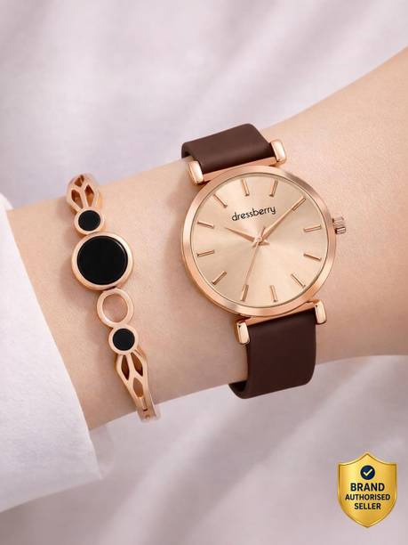 Minimalist Rose Gold Dial with Glossy Strap Analog Watch with Bracelet Analog Watch - For Women DB-LR003-RG-BRAC