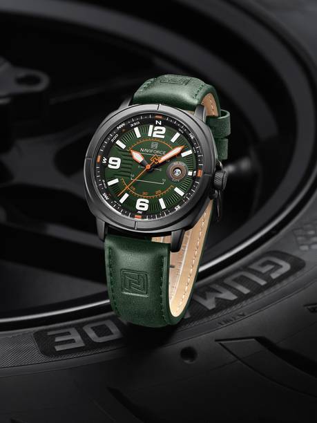 Modern sporty style green dial with Green leather strap Analog Watch - For Men 8078 date window at the 3 o'clock position