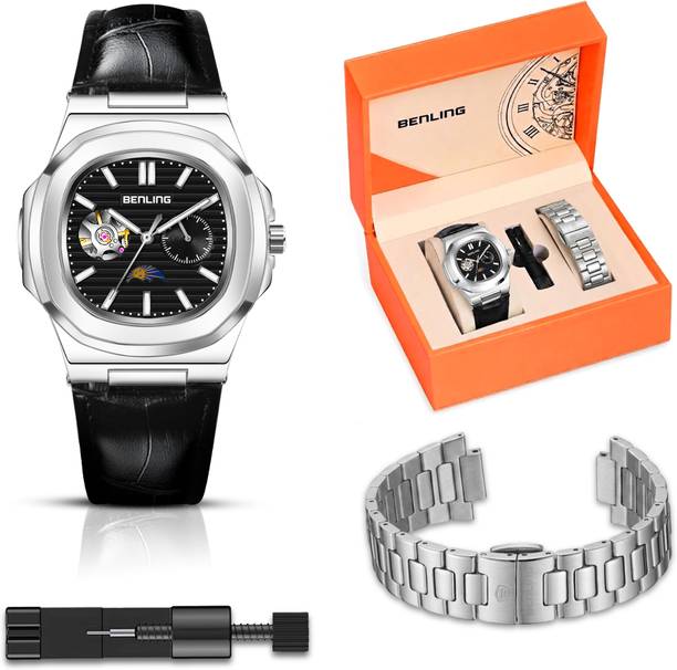 Benling Skeleton Dial | With Leather Strap & Stainless Steel Chain Analog Watch  - For Men & Women Regalia Series – Open Heart Dial with Moonphase Watch For Men And Women