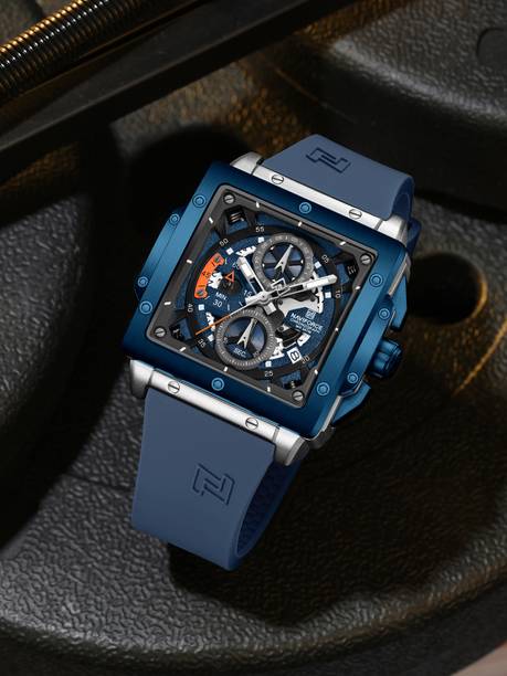 Elegant Square Silver& Blue accents chronograph dial with Blue Silicon strap Analog Watch - For Men NF8064 Unique Craftmanship