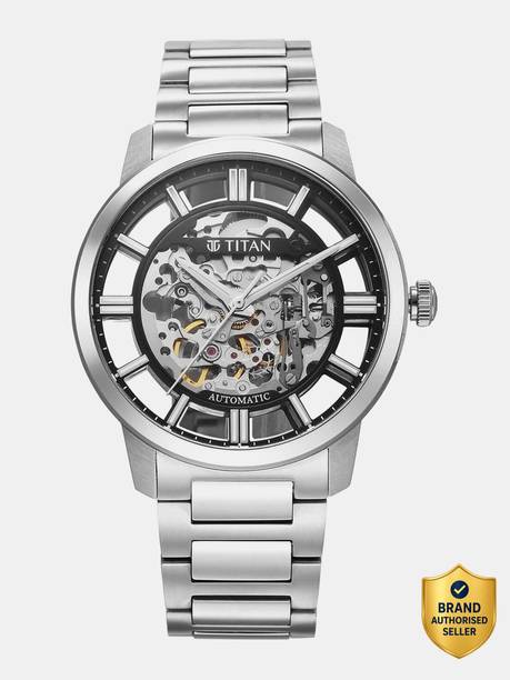 Titan See-Through Skeletal Automatic Black Dial Silver SS Strap Analog Watch - For Men 90220SM01