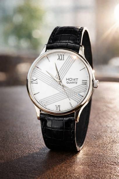 Classic White Dial Black Leather Stainless Steel Quartz Analog Watch  - For Men 1990SL1 - 38mm