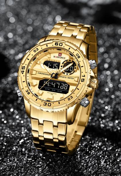 Versatile design all gold color Analog-Digital Watch - For Men NF9234 Multi-Function Dual-Display Heavy Machinery Design
