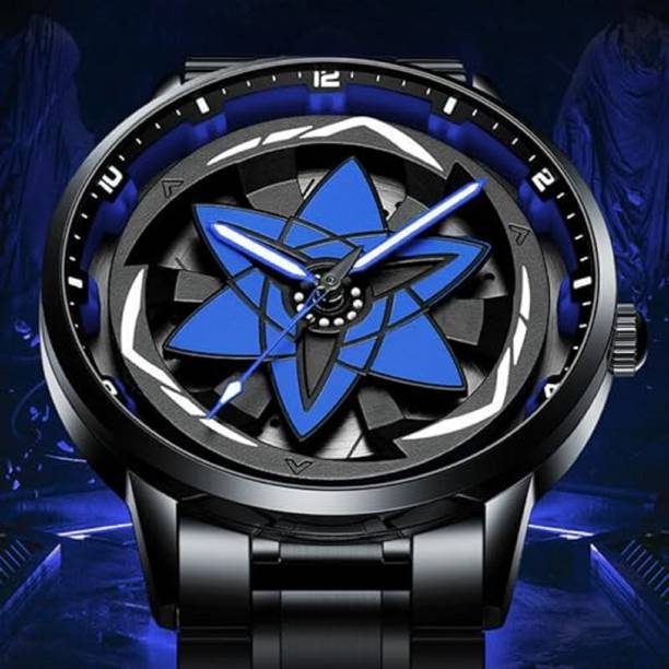 Unique Blue Ninja Star Design 360° Rotating Dial Premium Black Stainless Steel Analog Watch  - For Men CR-NS-06-BLUE