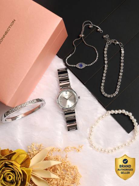 Gift Set Silver Jewellery and Silver Dial Analog Watch - For Women FCB6SM