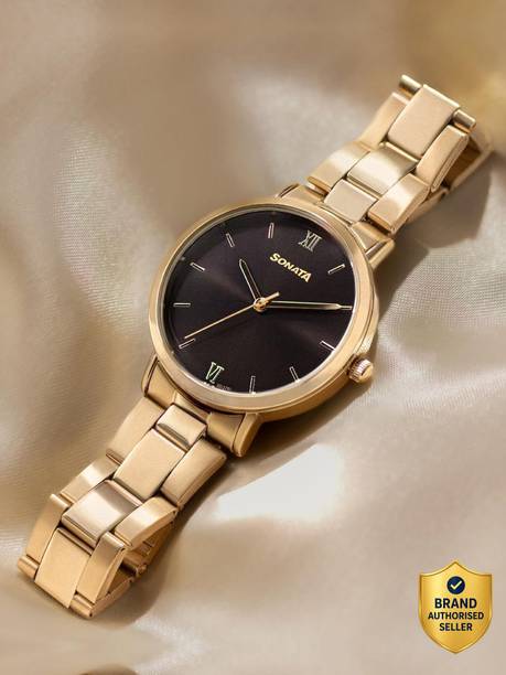 Sonata Black Dial Gold Stainless Steel Strap Analog Watch - For Women 87071YM01,NU87071YM01