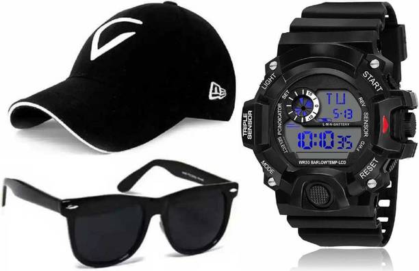 Digital Watch  - For Boys & Girls 426-DJ-0.31 Watch and viral white cap and black sun-glass - For unisex DIGITAL BOYS LOOK RESISTANCE STYLE ( pack of 3 )