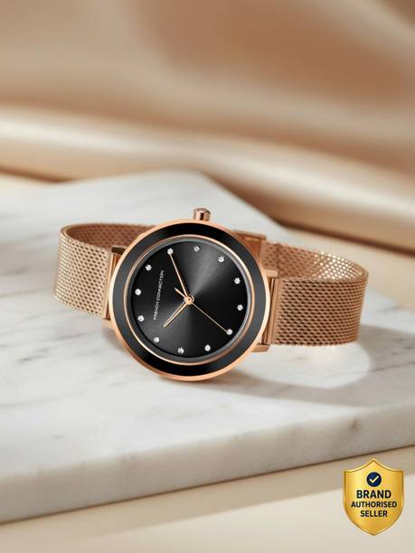 Rhinestones Black Sunray Round Dial | Women Rose Gold Mesh Strap Analog Watch - For Women FCMX2RGM